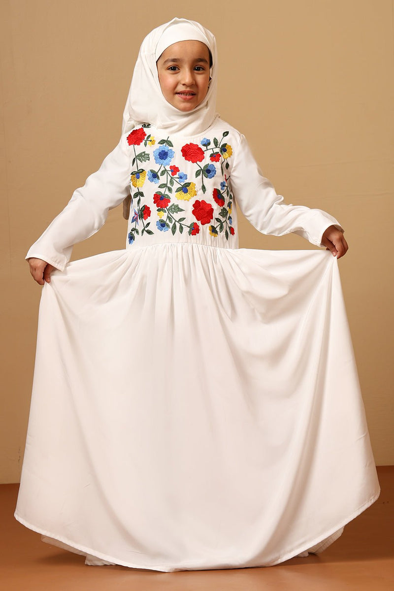 Kids Abaya - White Frock with Embroidery